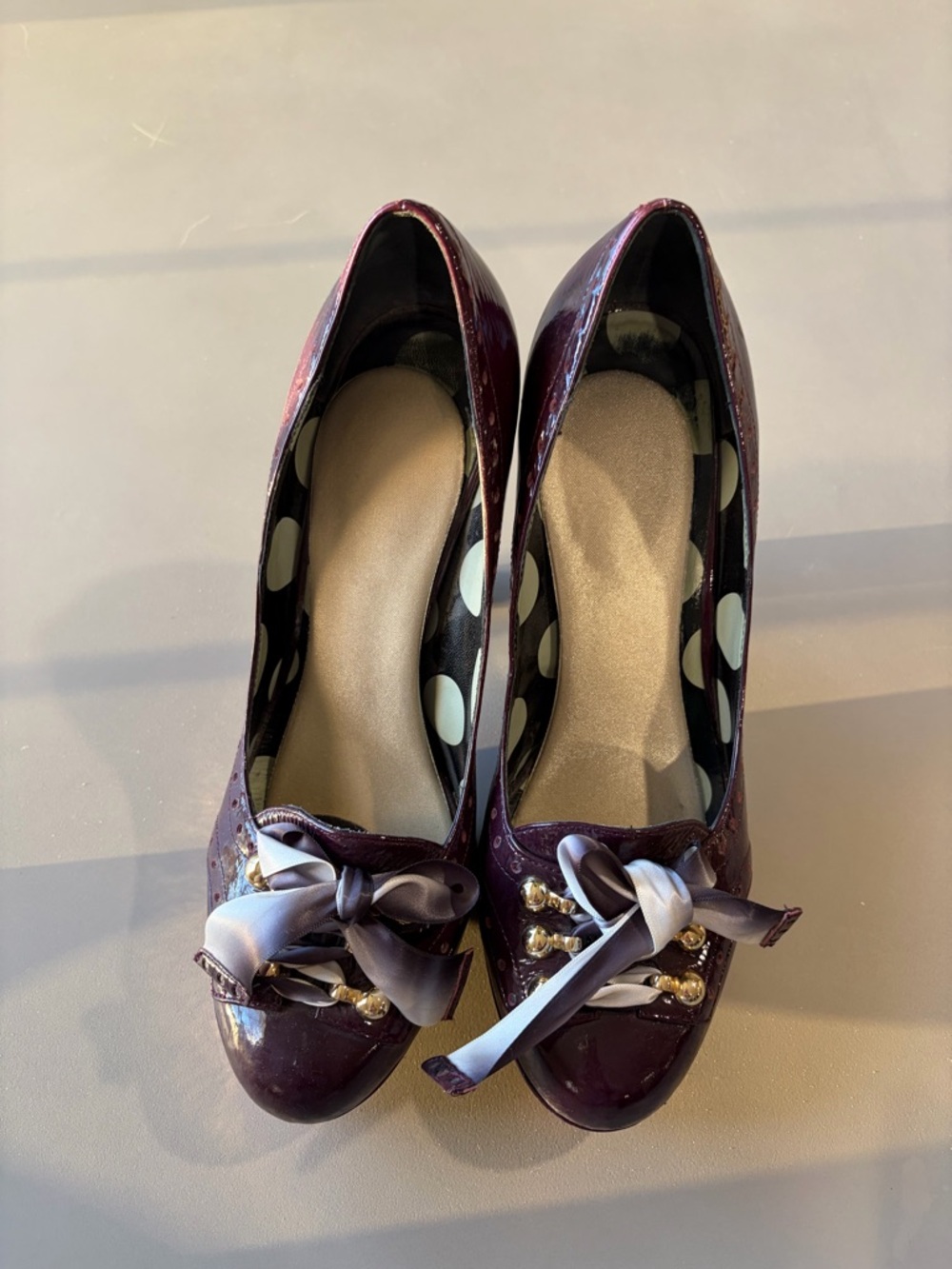 Betsey Johnson Plum Patent Bow Pumps with Gold Bead Detail
